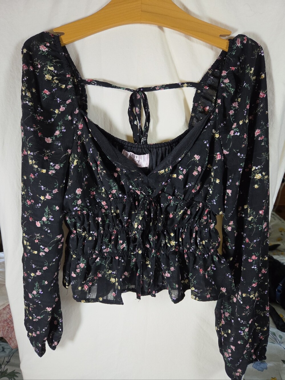 Dizzy Lizzy Floral Peasant Blouse Black Cottagecore Boho Tie Front Milkmaid Y2K